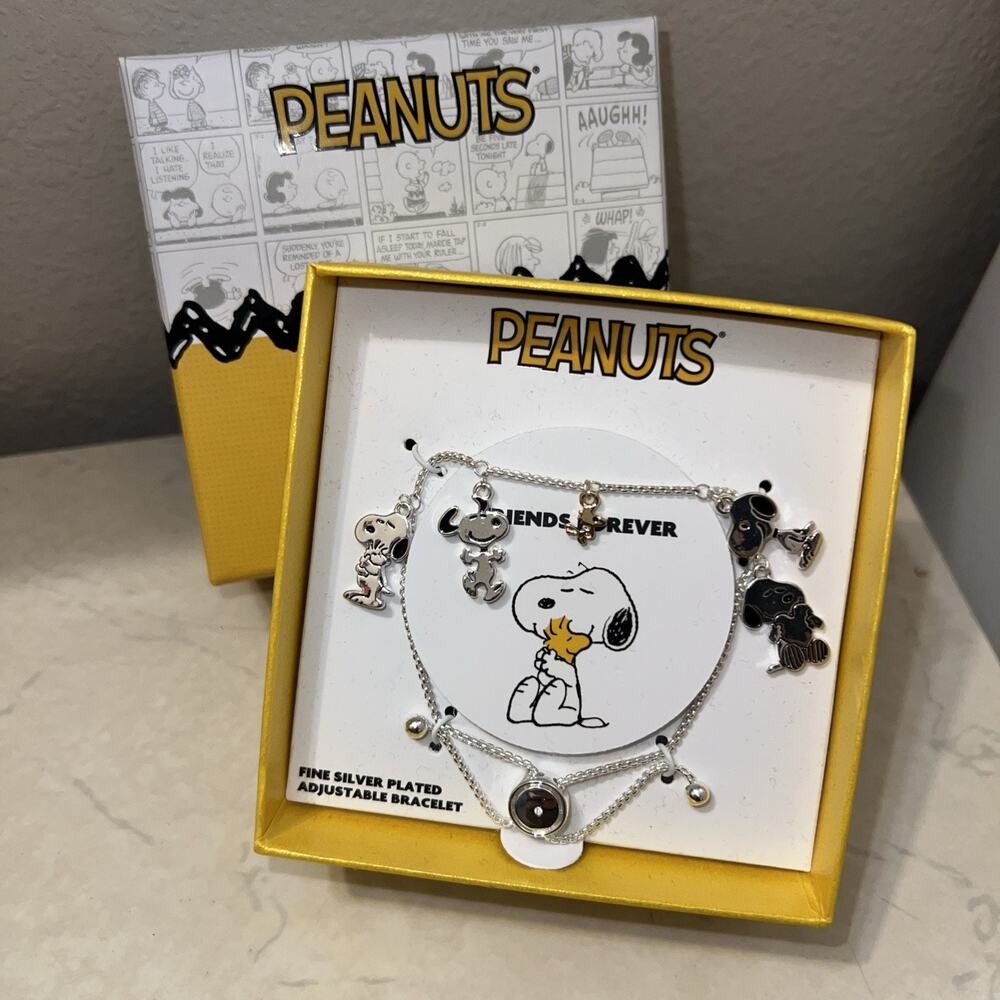 Peanuts Snoopy & Woodstock Bolo Adjustable Charm Bracelet Fine Silver Plated New